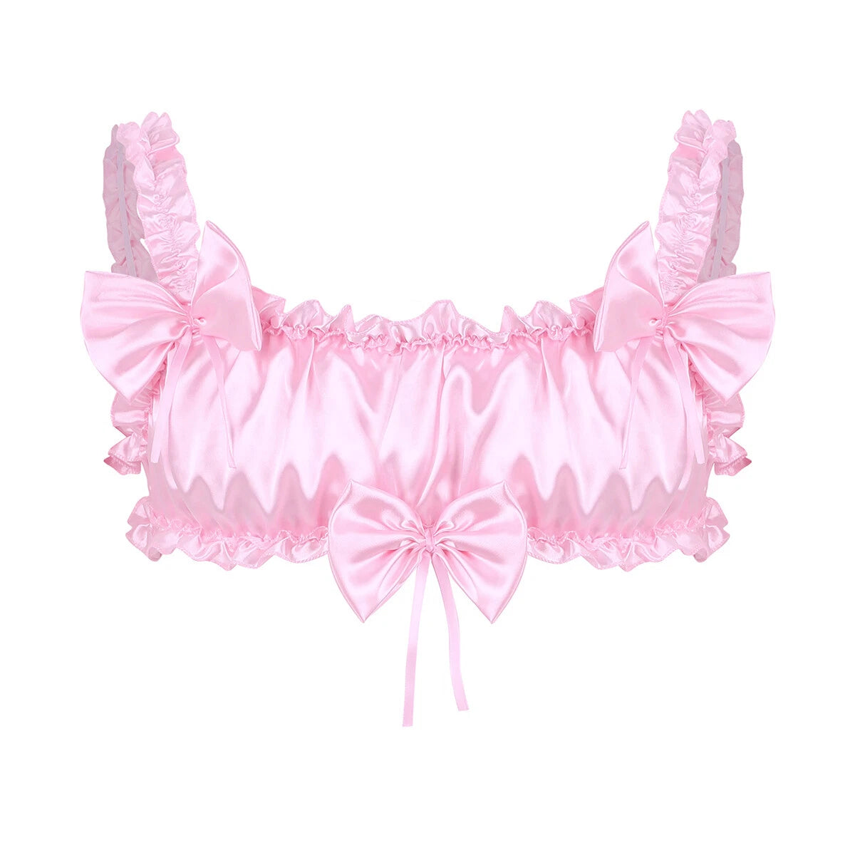 Men Ruffled Lingerie Set Cami Straps Bandeau Bra Thong 2Pcs Crossdresser Pajamas