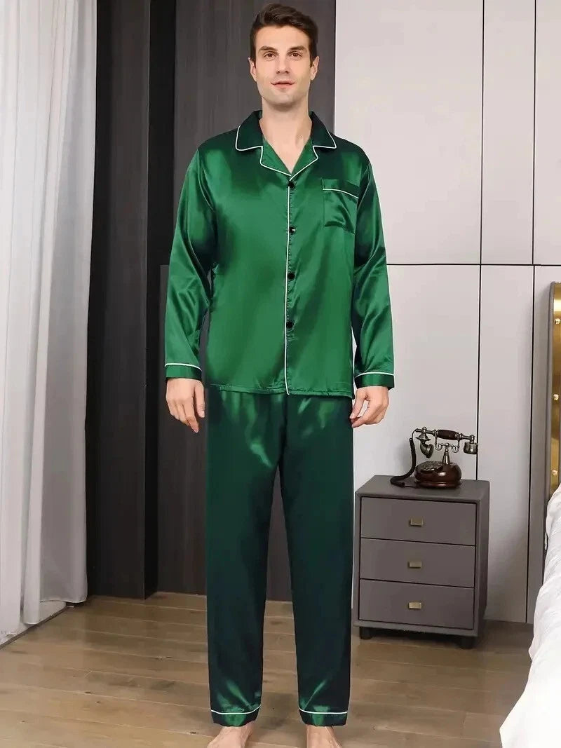 Men's Silk Satin Pajama Set Long Sleeve Soft Sleepwear Loungewear Suit
