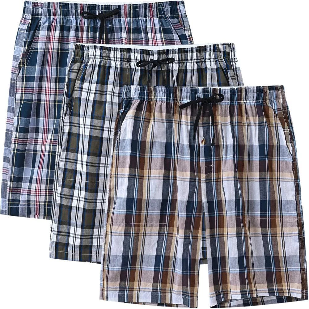 Men's Sleepwear Lounge Shorts 100% Cotton Plaid Pajama Bottoms Button Fly 3 Pack