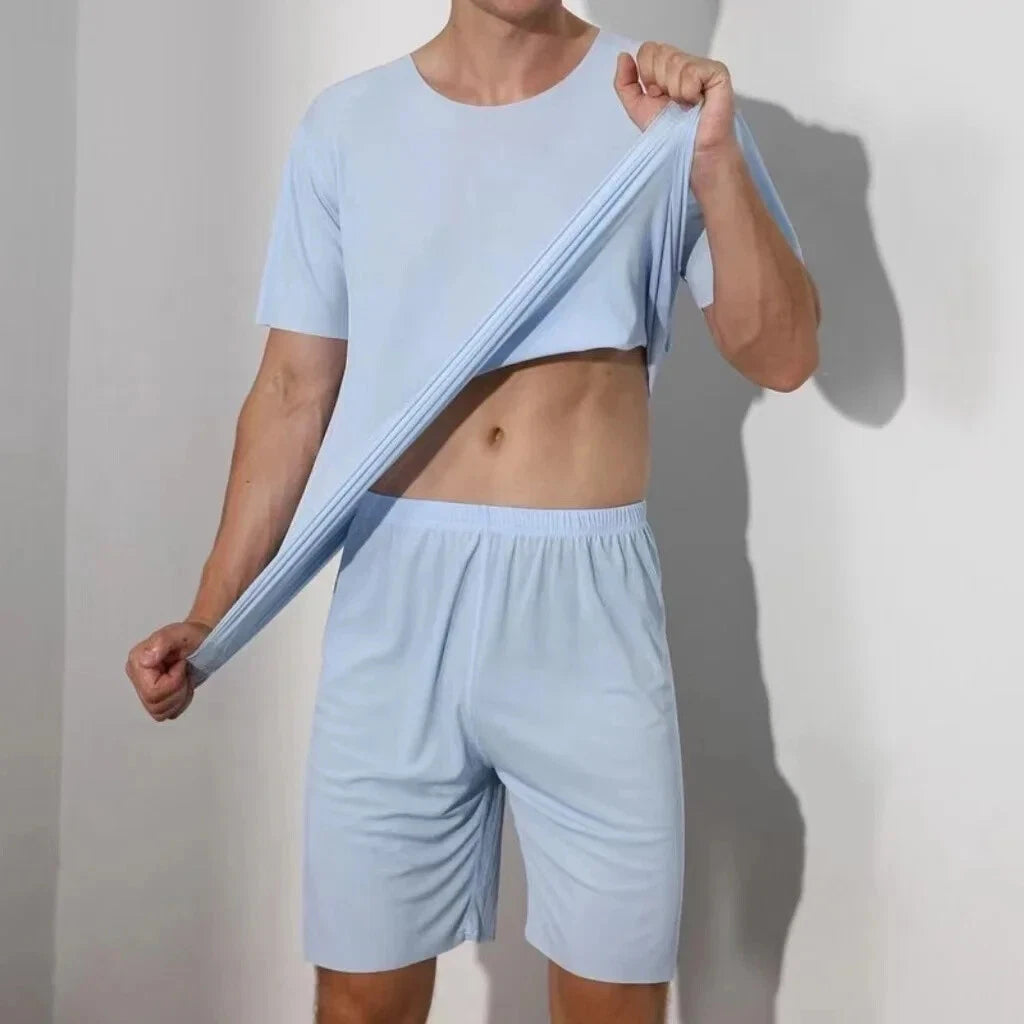 Men Two-piece Ice Silk Pajamas Loungewear Plus Size Home Set Summer Thin Modal