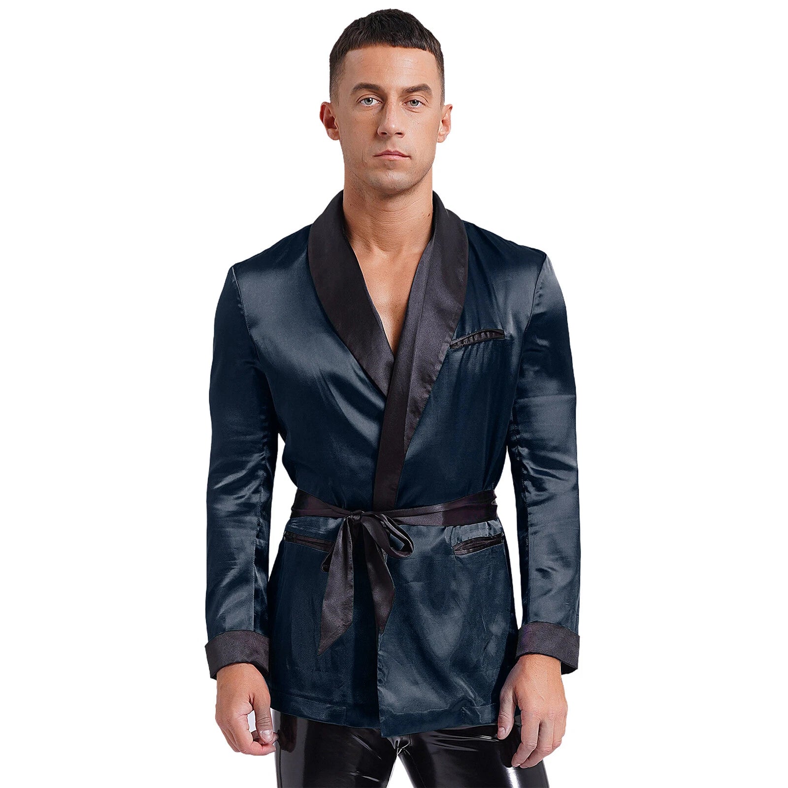 Men's Silk Satin Pajamas Set Short Sleeves Top and Bottom Boxer Shorts Shirt Set