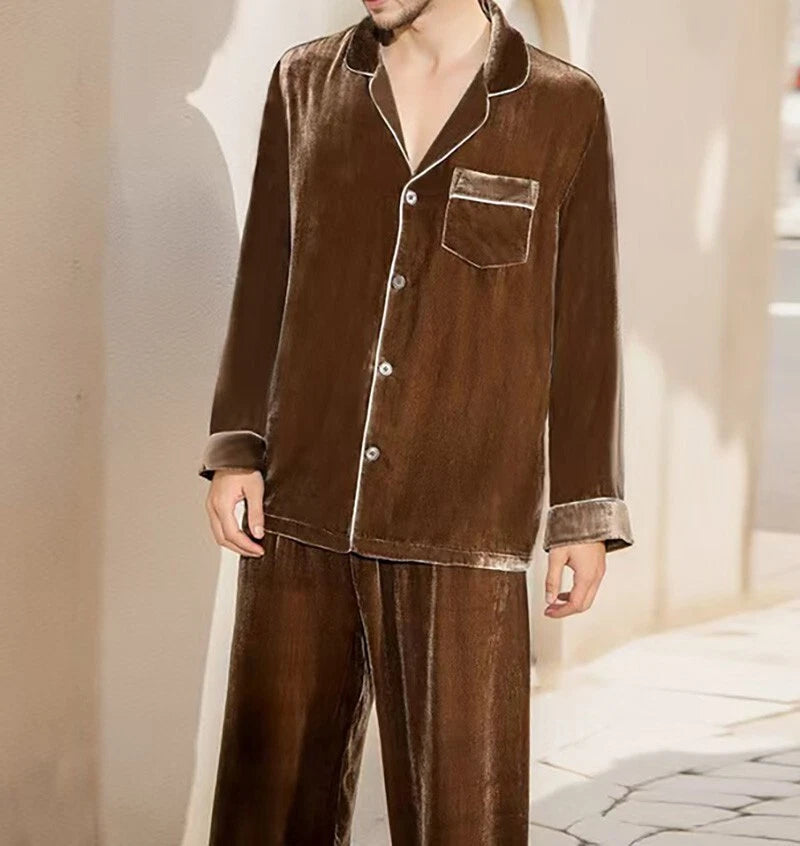 Men's Silk Velvet Pajamas Set Long Sleeves Silk Sleepwear  Camel S M L XL