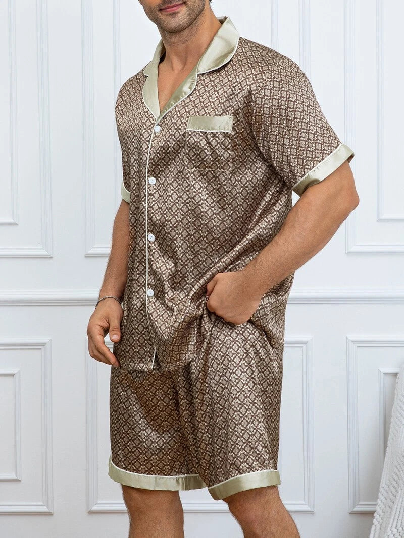 Mens Silk Satin Pyjamas Pj Set Top and Shorts Sleepwear Nightwear Casual Pijamas