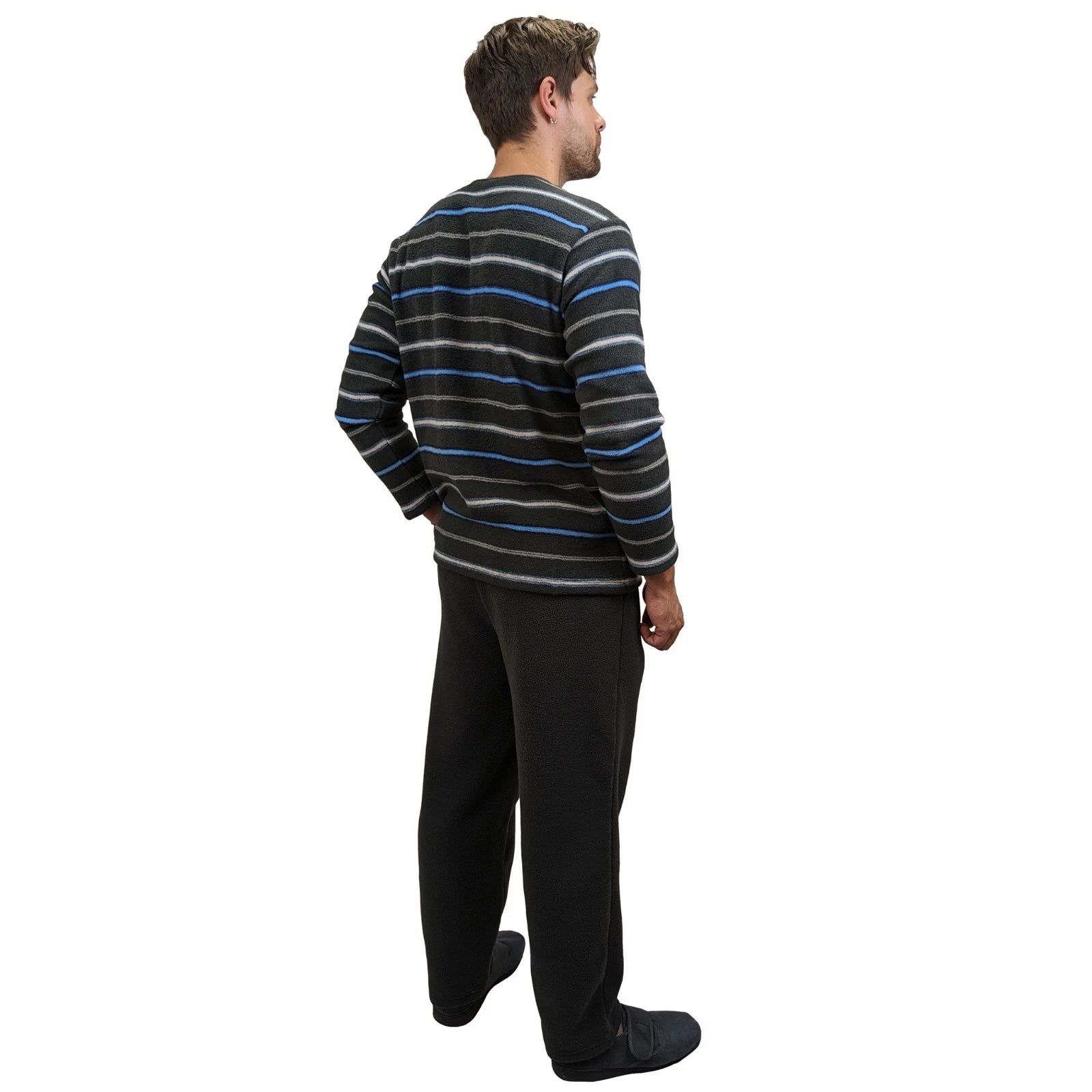 Mens Fleece Warm Soft Pyjamas Striped PJ Set Nightwear Nightsuit Pyjama S-4XL