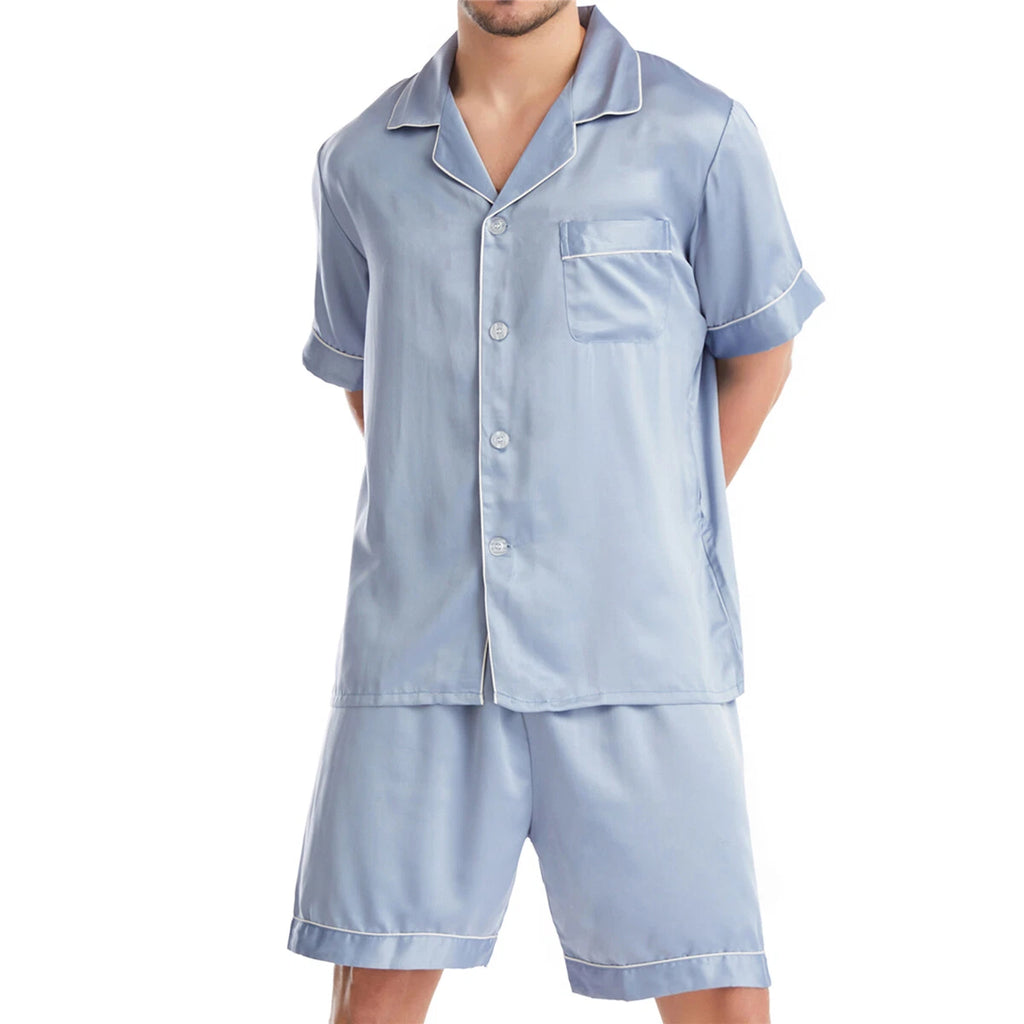 Men Satin Pajamas Set Shorts + Shirt Sleepwear Lounge Nightwear Buttons Outfit