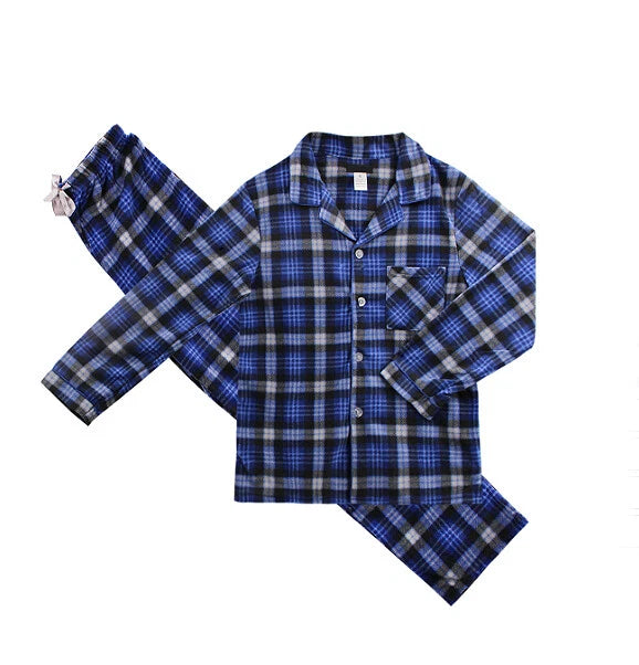 Men's Plaid Fleece 2 Piece Sleep Button Up Drawstring Waist Classic Pajama Set