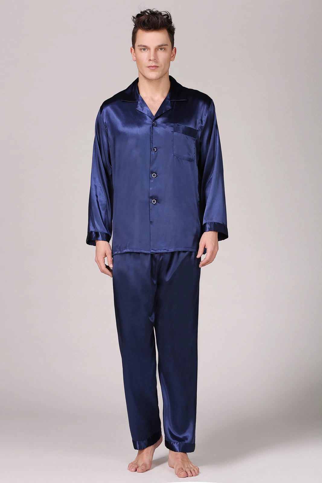 Mens Satin Silk Pyjamas Set Long Traditional Button Up Pyjama PJs Nightwear New