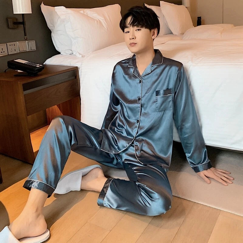 Mens Silk Satin Pajamas Set Sleepwear Pyjamas Long Sleeve PJ Set Top and Bottom