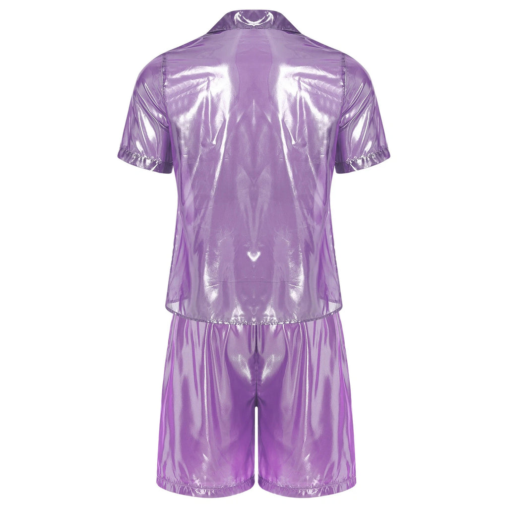 Men Shiny Glossy See-Through Metallic Chiffon Jumpsuit Bodysuit /Pajama Set