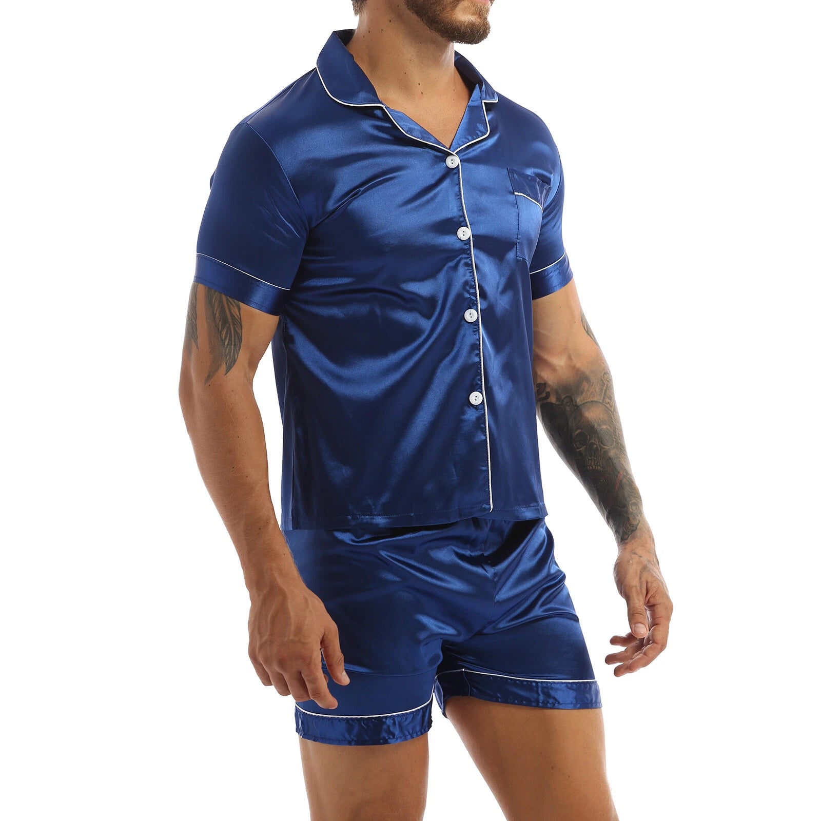 Men's Silky Satin Pajamas Set Short Sleeves Button T-Shirt Tops with Shorts