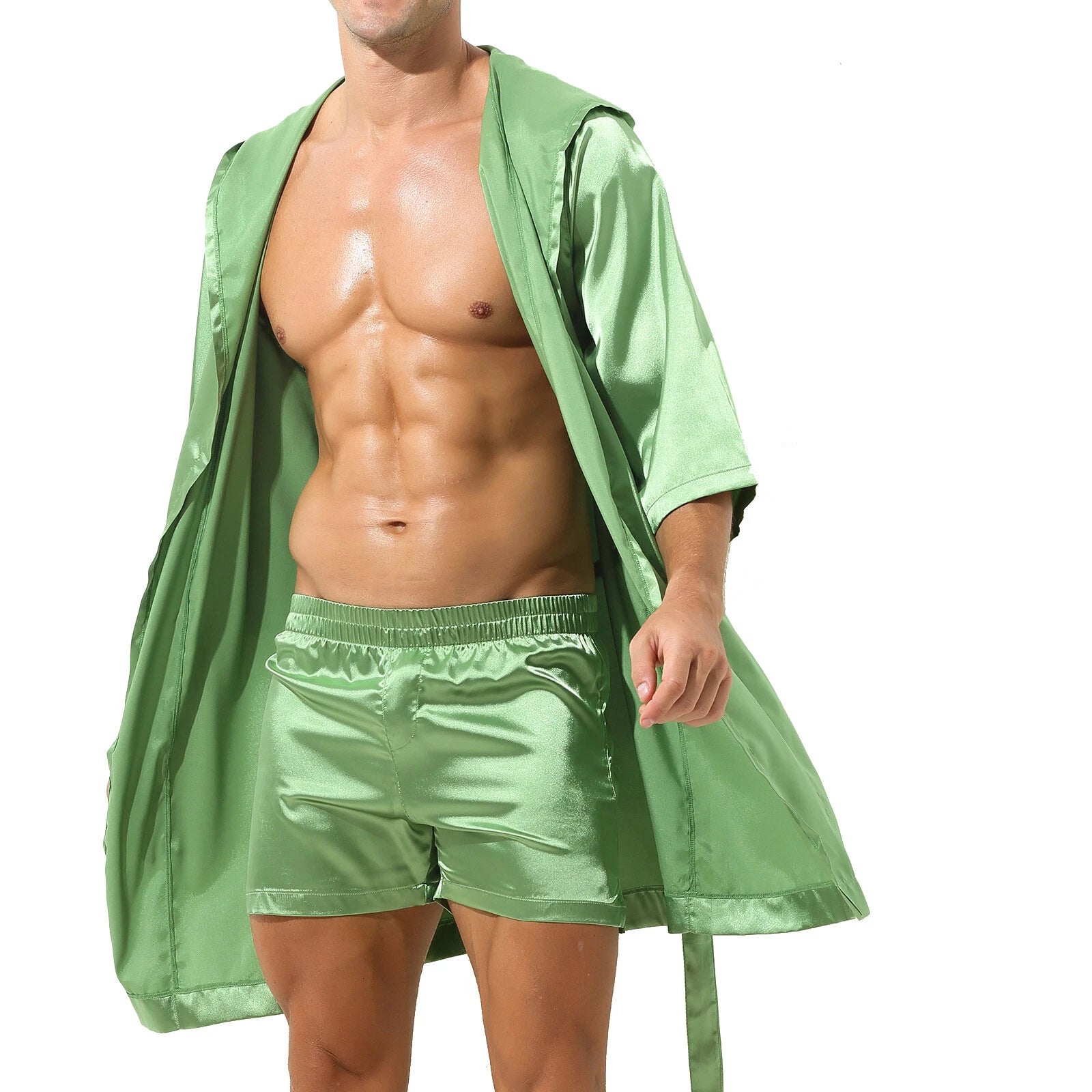 Men's Hooded Robe Set Silk Satin Night Gown Bathrobe Pajama Hot Pants Underwear