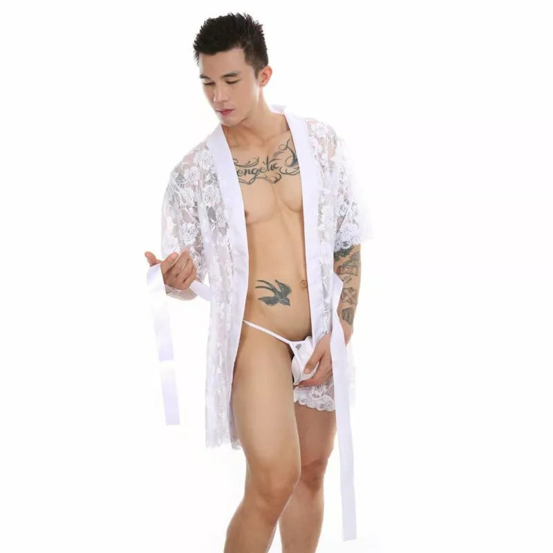 Mens See Through Lace Robe Bathrobe Nightwear Underwear Gown Pajamas Lingerie