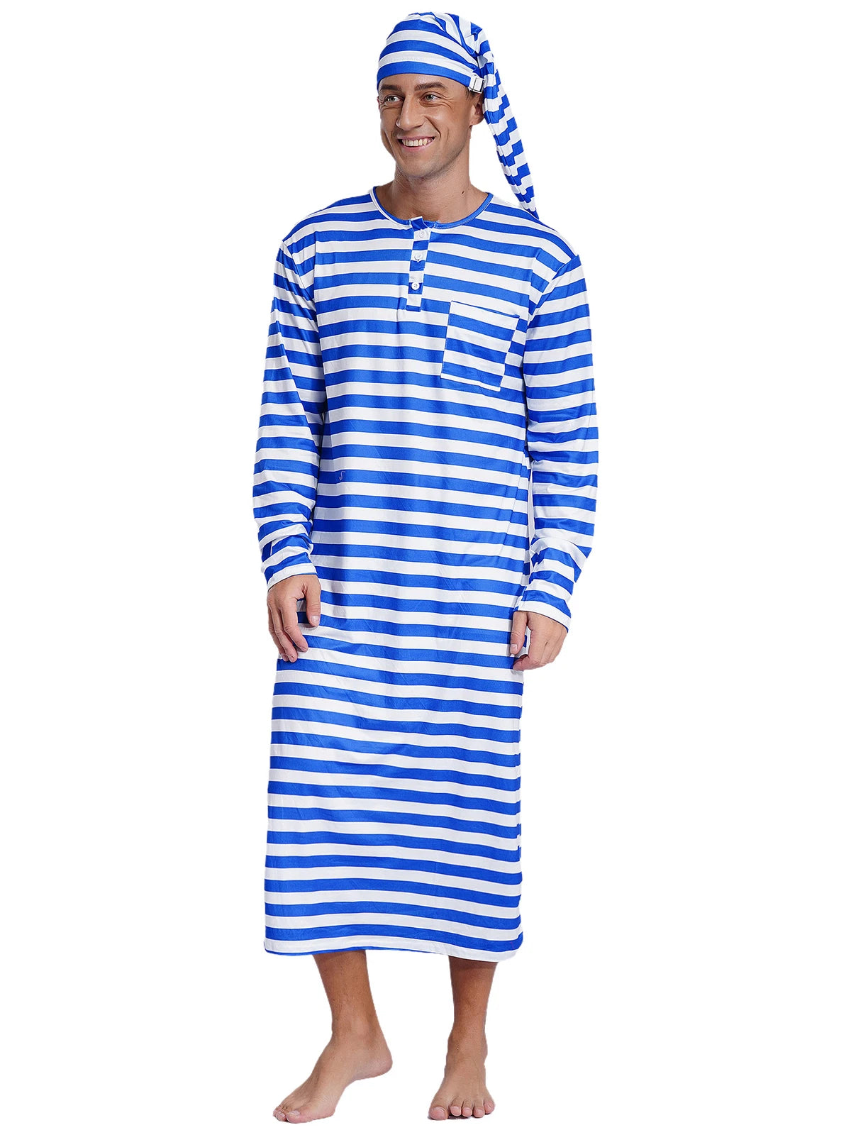 Men's Pajamas Set Long Sleeve Striped Robe Round Neck Loose Sleepwear with Hat