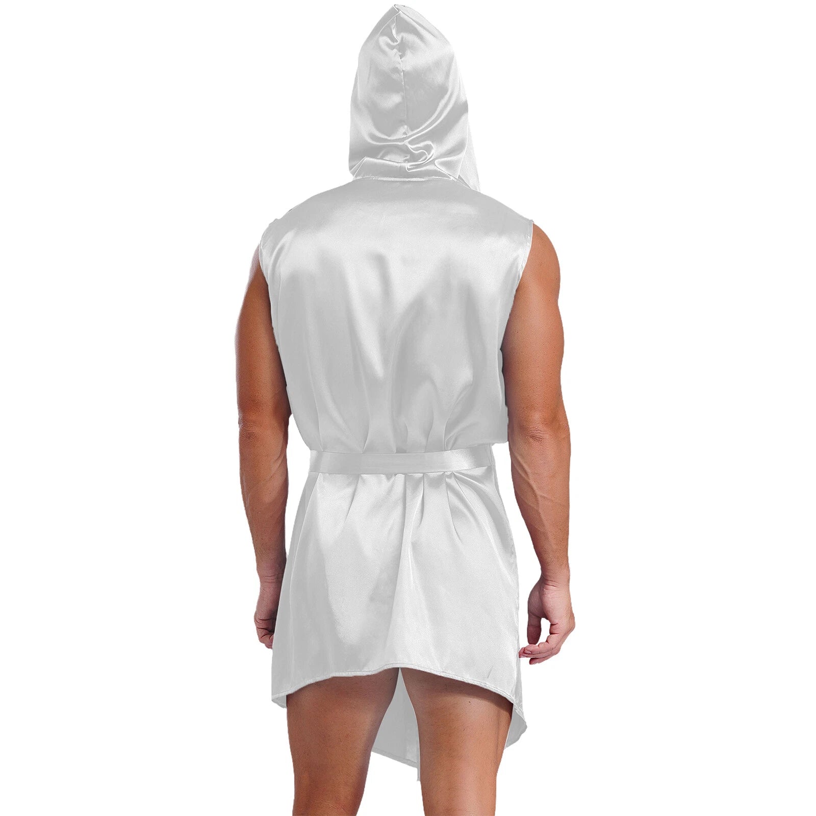Men's Satiny Pajama Robe Set Sleeveless Silk Hooded Bathrobe with Belt Sleepwear