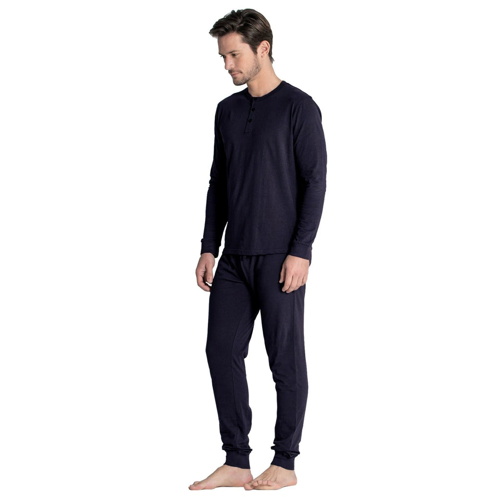 Mens Henley Tops Pyjamas Sets PJ's Nightwear Loungewear Button Up Long Sleeve