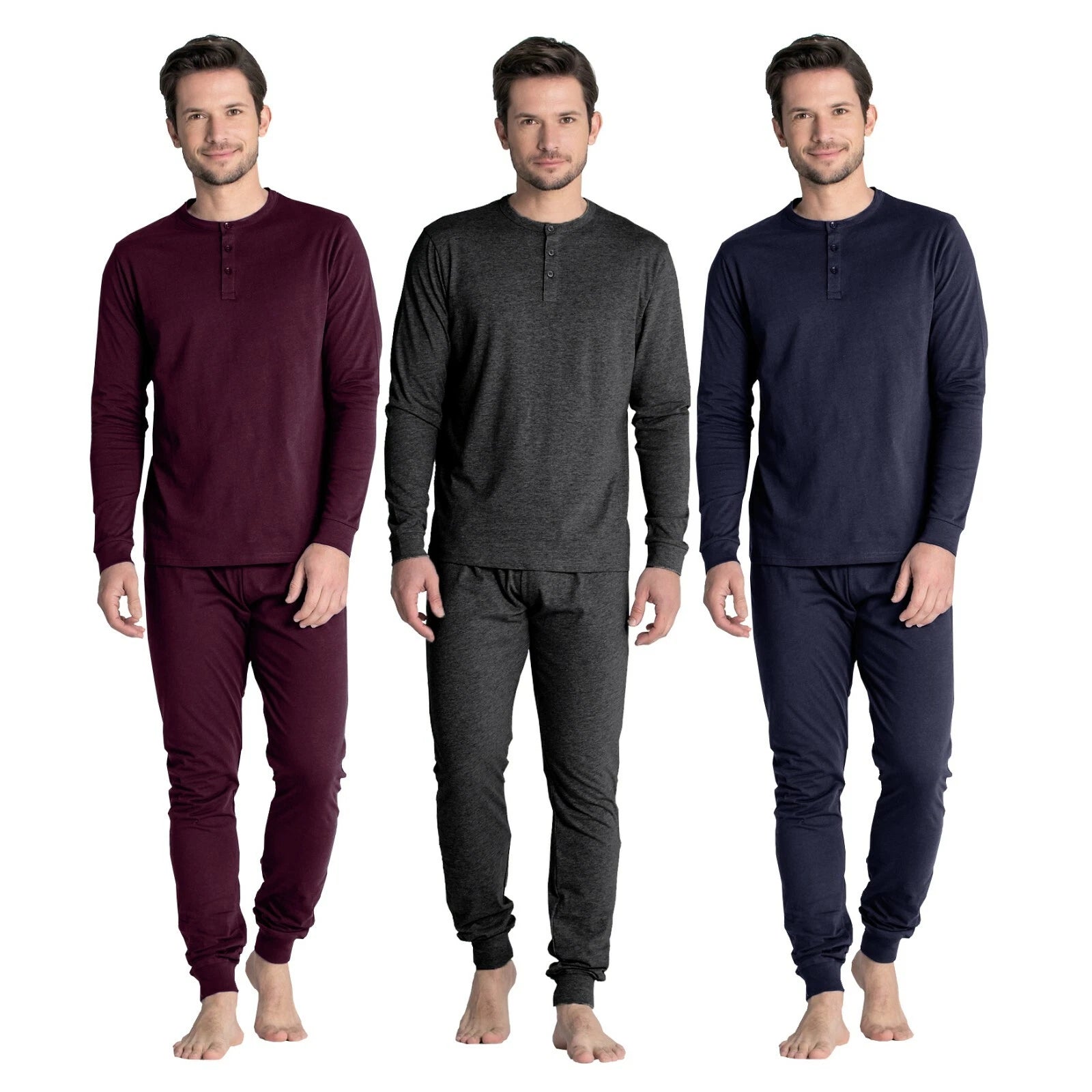 Mens Henley Pyjamas Sets PJ's Nightwear Loungewear Button Up Long Sleeve Tops