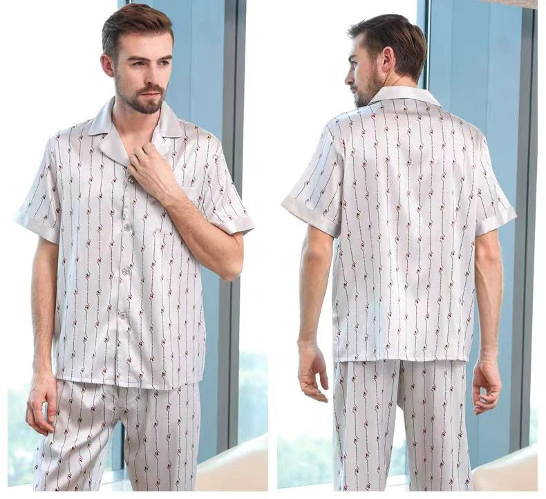 Men's Print 100% Mulberry Silk Pajamas Set Short Sleeves Silk Sleepwear S M L