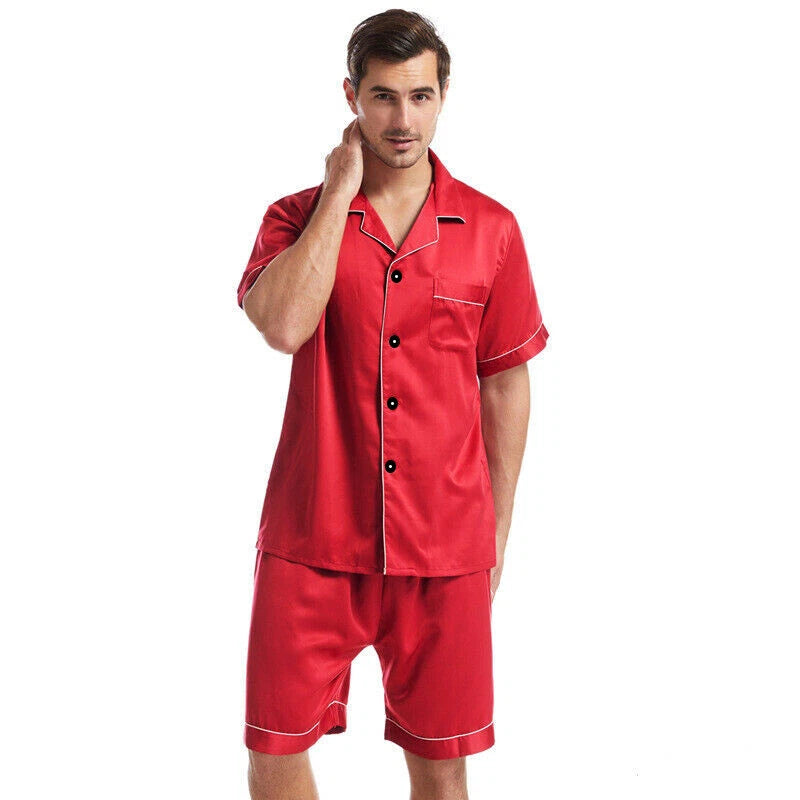Mens Silk Satin Pajamas Pj Set Top and Shorts Sleepwear Nightwear Casual pijamas