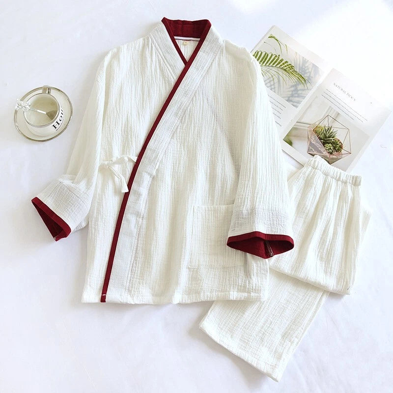 White Cotton Kimono-Inspired Men’s Pyjamas with Red Trim and Pocket Detail