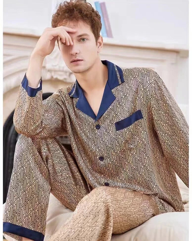 Men's 19MM 100% Pure Mulberry Silk Pajamas Set Print Silk Sleepwear M L XL