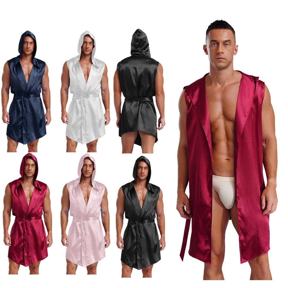 Men's Satiny Pajama Robe Set Sleeveless Silk Hooded Bathrobe with Belt Sleepwear