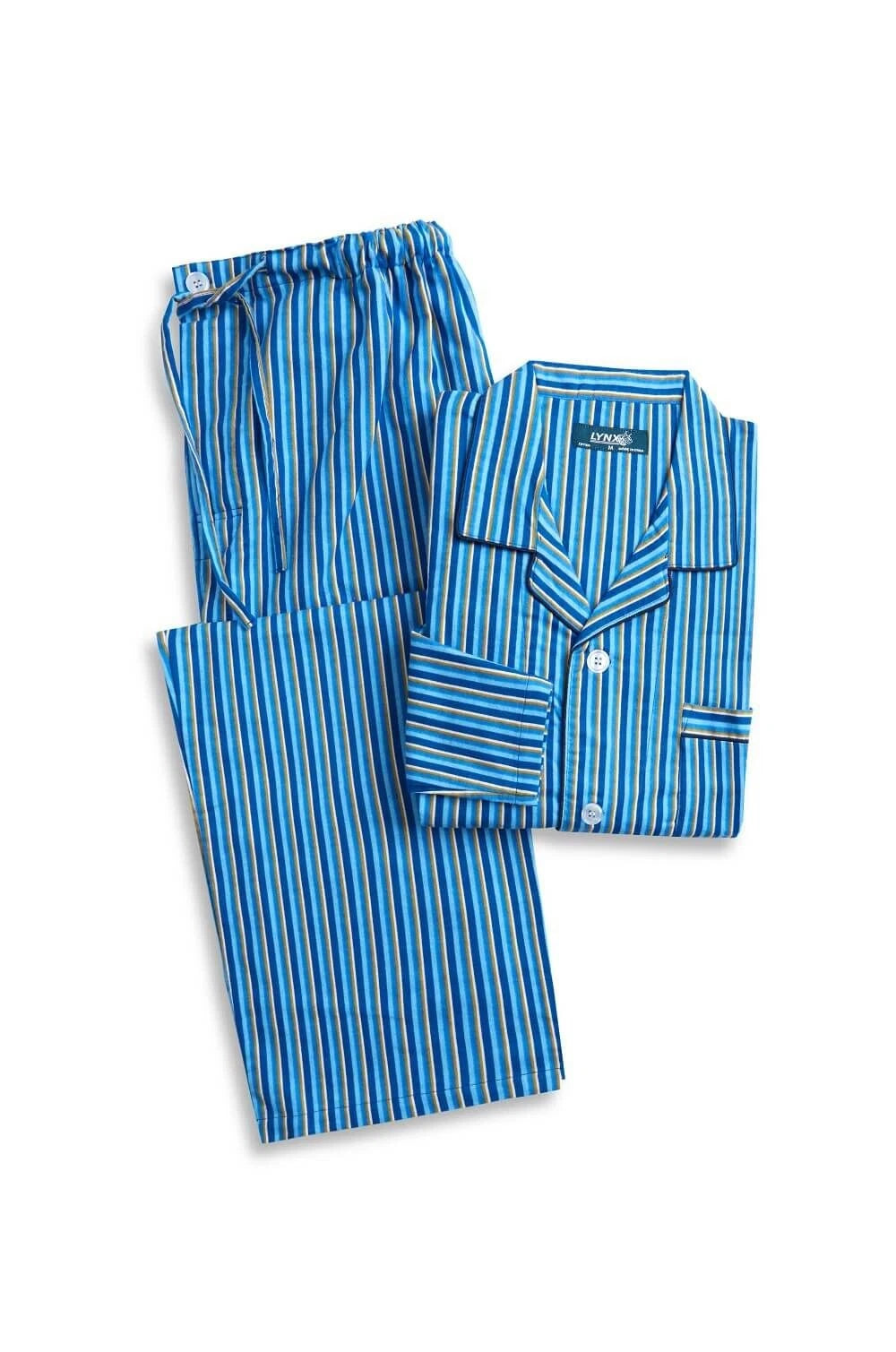 Mens Lynx Sizes S-7XL Blue Stripe Cotton Flannel Long Sleeve Pyjama Set Pjs