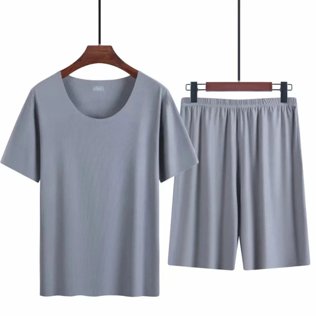 Men Two-piece Ice Silk Pajamas Loungewear Plus Size Home Set Summer Thin Modal