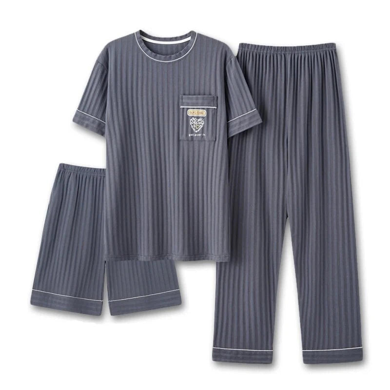 Men Pajamas Set Summer O-neck Vest Shorts Knitted Faux Cotton Pijamas Leisure US