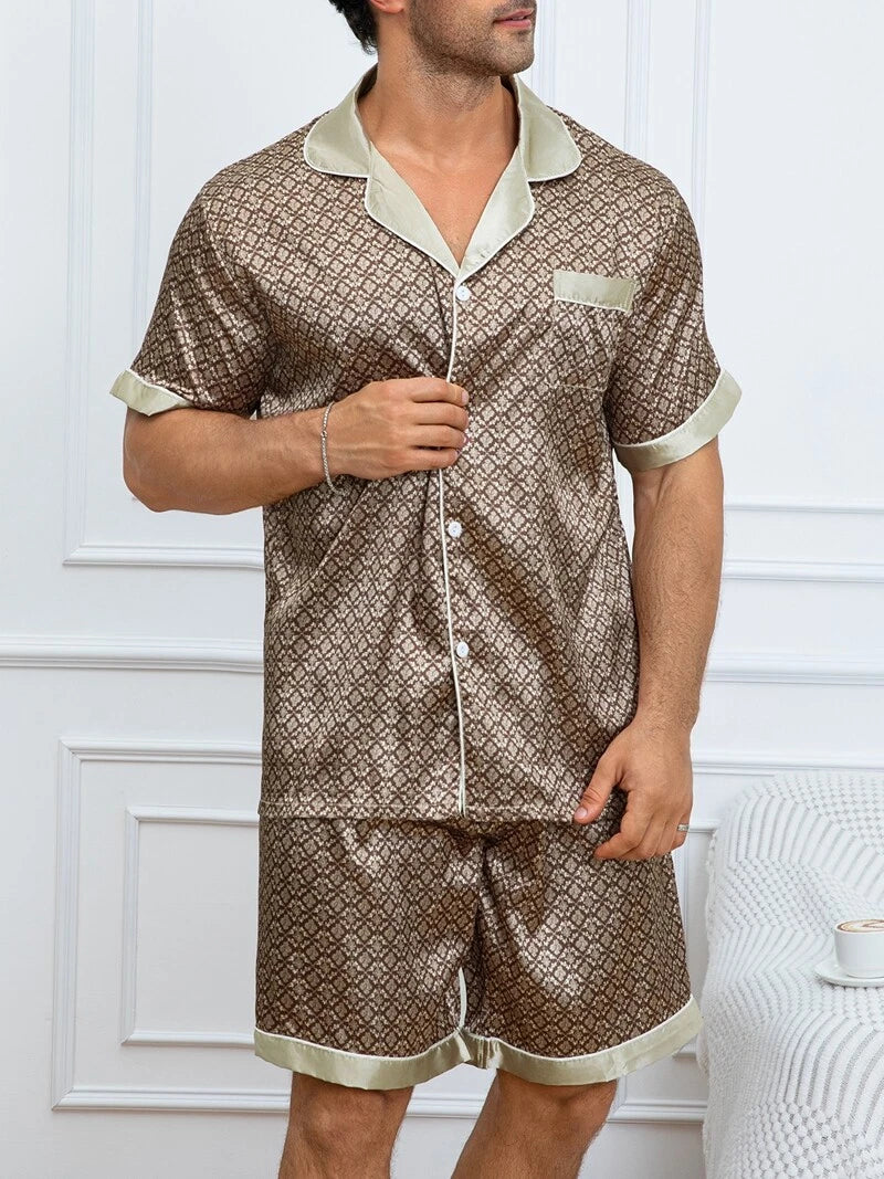 Mens Silk Satin Pyjamas Pj Set Top and Shorts Sleepwear Nightwear Casual Pijamas