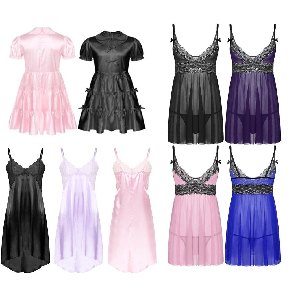Mens Sissy Nightdress Pajamas Crossdress Nightwear Lingerie Set Sleepwear