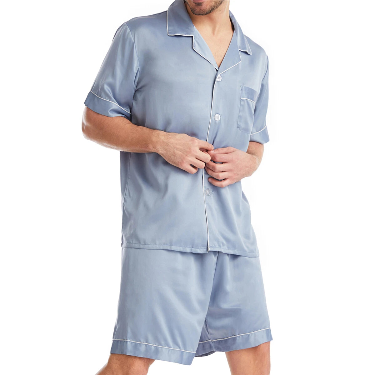 Men Satin Pajamas Set Shorts + Shirt Sleepwear Lounge Nightwear Buttons Outfit