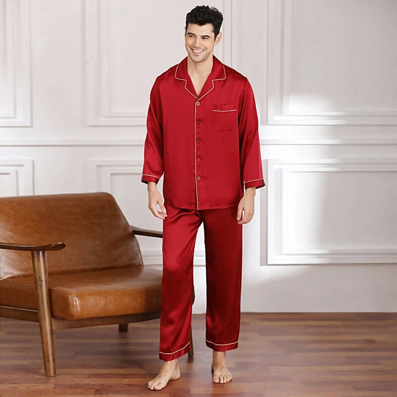 Mens Silk Satin Pajamas Set Sleepwear Pyjamas Long Sleeve PJ Set Top and Bottom