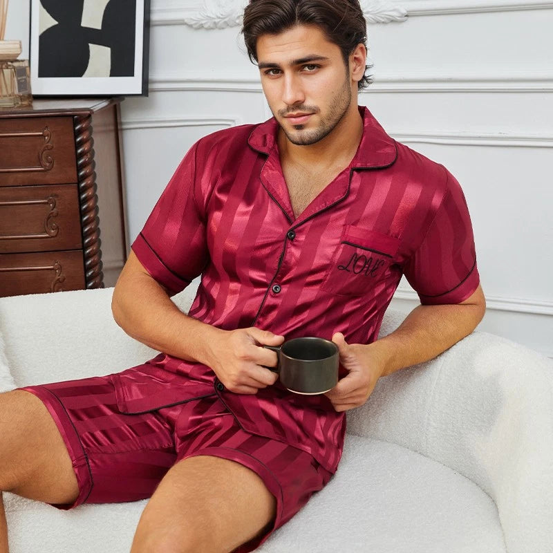Mens Silk Satin Pyjamas Set Nightwear Pyjama Top & Bottoms Loungewear Sleepwear