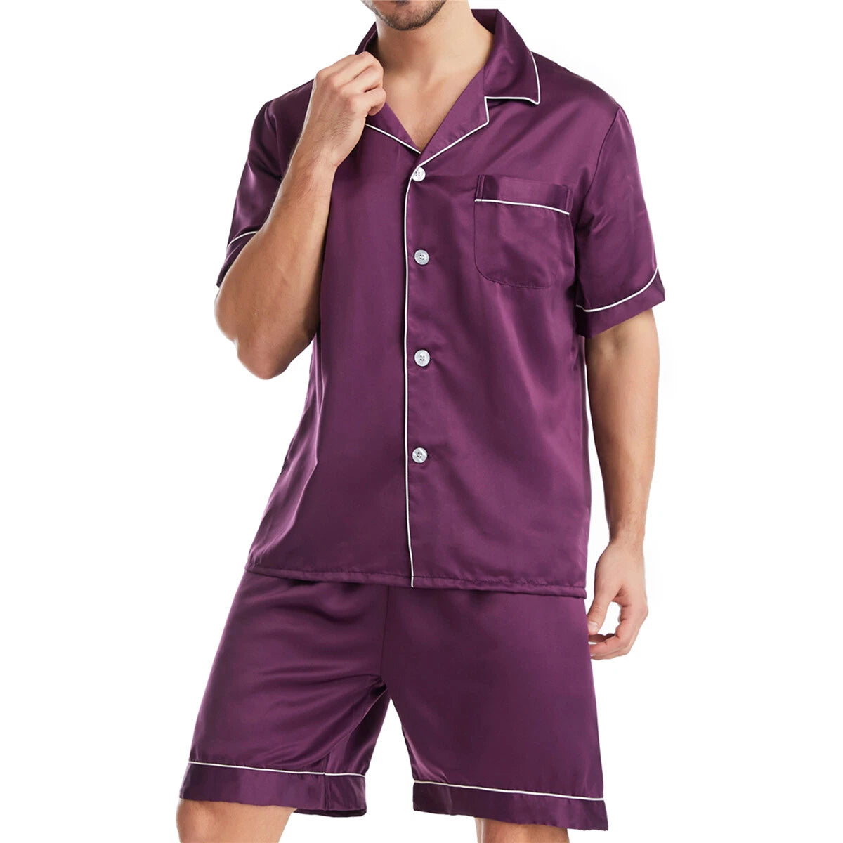 Men Satin Pajamas Set Shorts + Shirt Sleepwear Lounge Nightwear Buttons Outfit