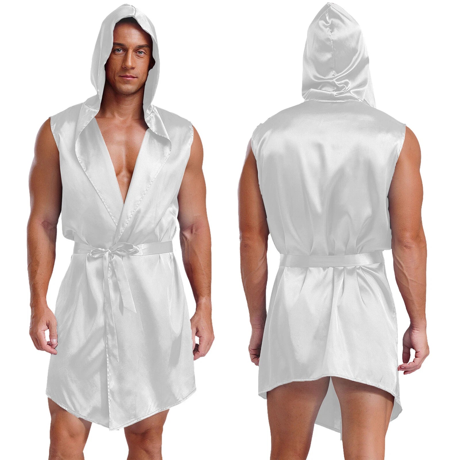 Men's Satiny Pajama Robe Set Sleeveless Silk Hooded Bathrobe with Belt Sleepwear