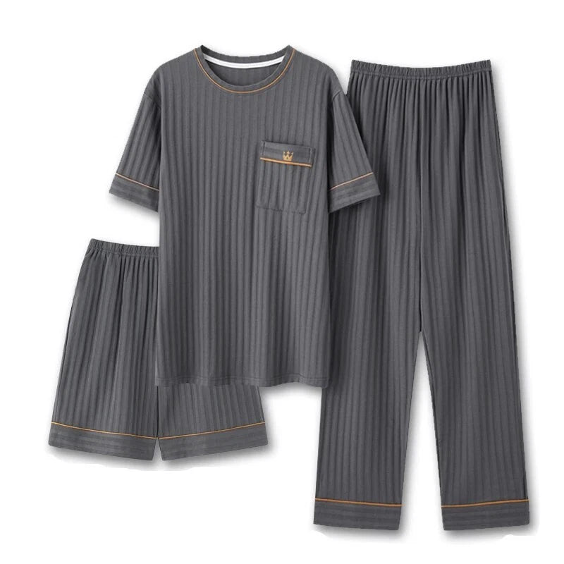 Men Pajamas Set Summer O-neck Vest Shorts Knitted Faux Cotton Pijamas Leisure US