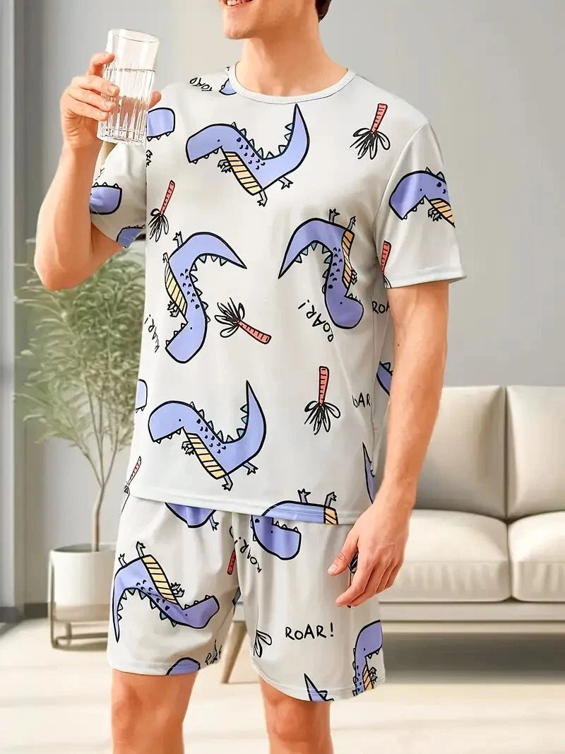 New Men's Dinosaur Pajama Set Short Sleeve & Shorts Comfy Soft- Size M to XXL -