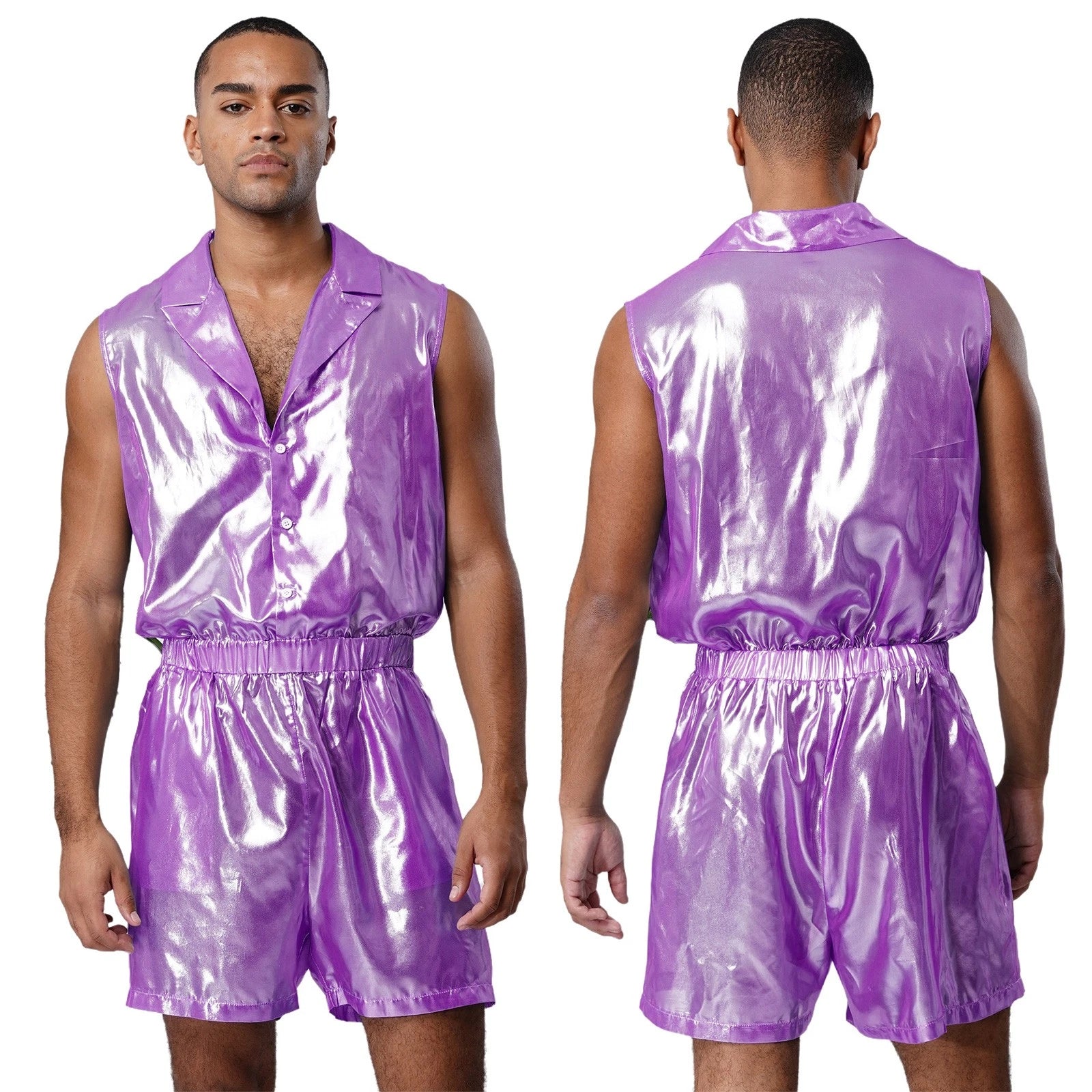 Men Shiny Glossy See-Through Metallic Chiffon Jumpsuit Bodysuit /Pajama Set