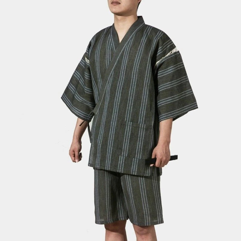 Men Japanese Kimono Pyjama Sets Yukata Jinbei Traditional Stripe Soft Nightwear
