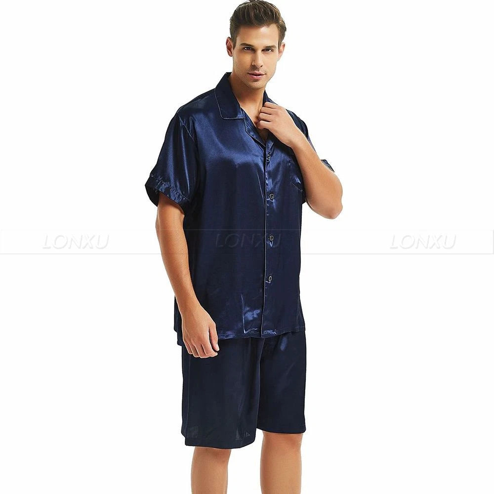 Mens Silk Satin Pajamas Set Short Sleeve+Short Pants Set Sleepwear Loungewear