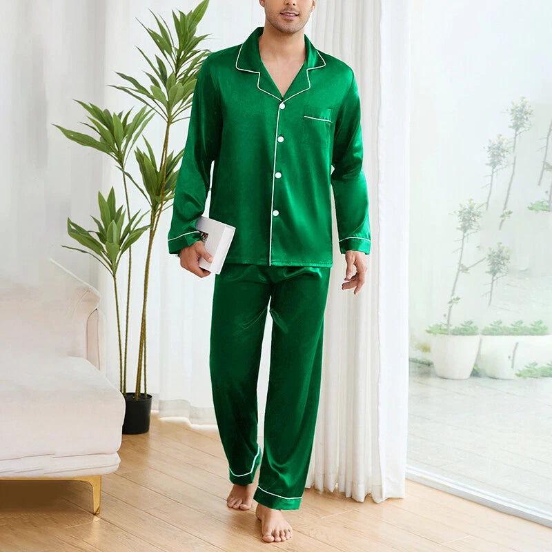 Mens Silk Satin Pyjamas Set Nightwear Pyjama Top & Bottoms Loungewear Sleepwear