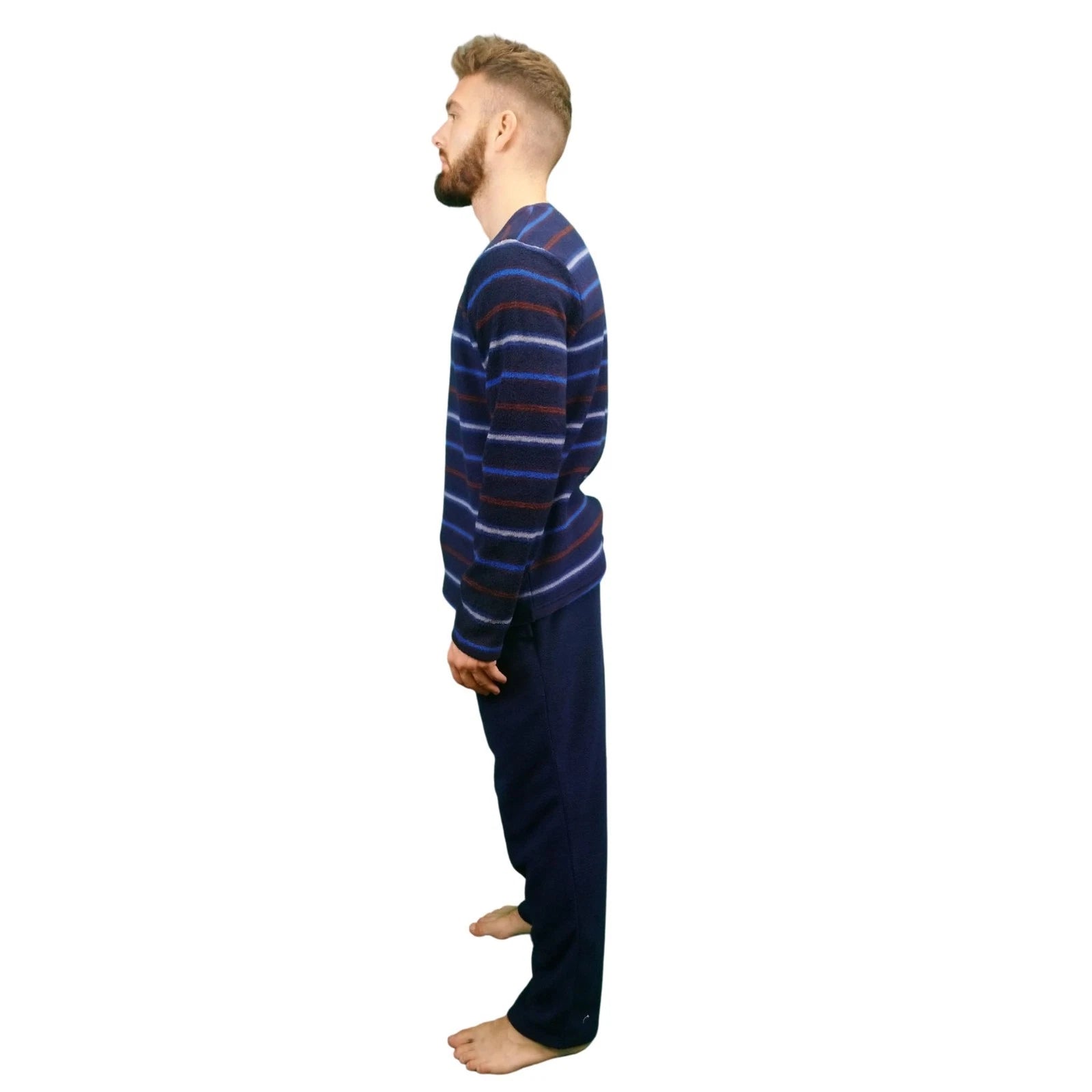 Mens Fleece Warm Soft Pyjamas Striped PJ Set Nightwear Nightsuit Pyjama S-4XL