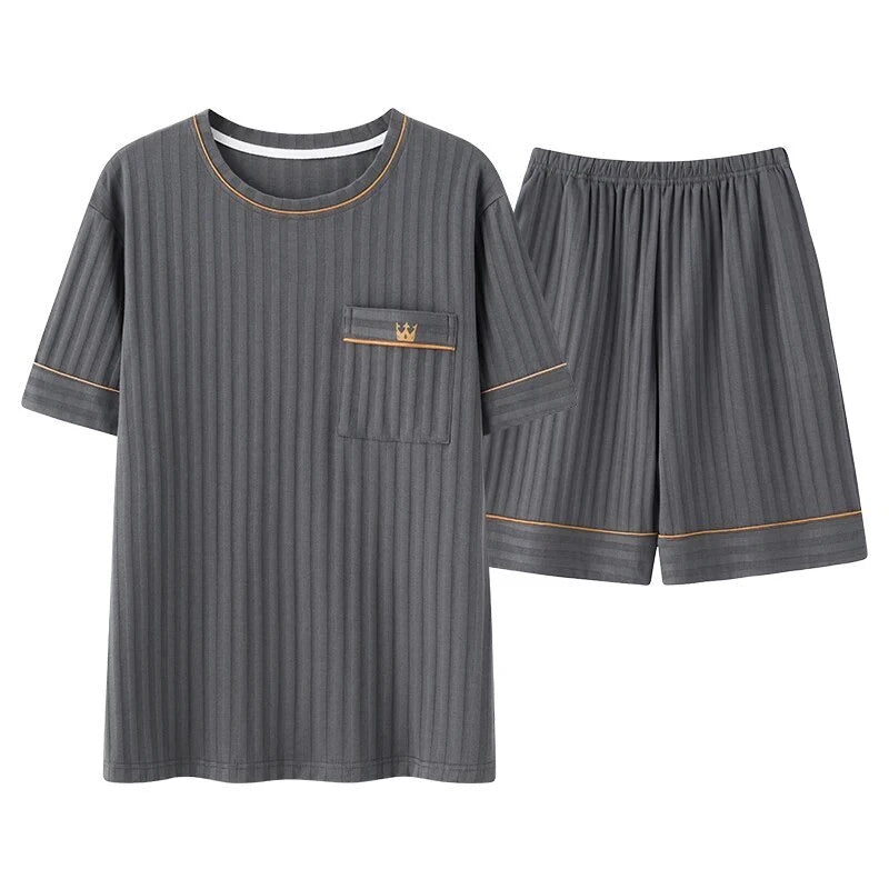 Men Pajamas Set Summer O-neck Vest Shorts Knitted Faux Cotton Pijamas Leisure US