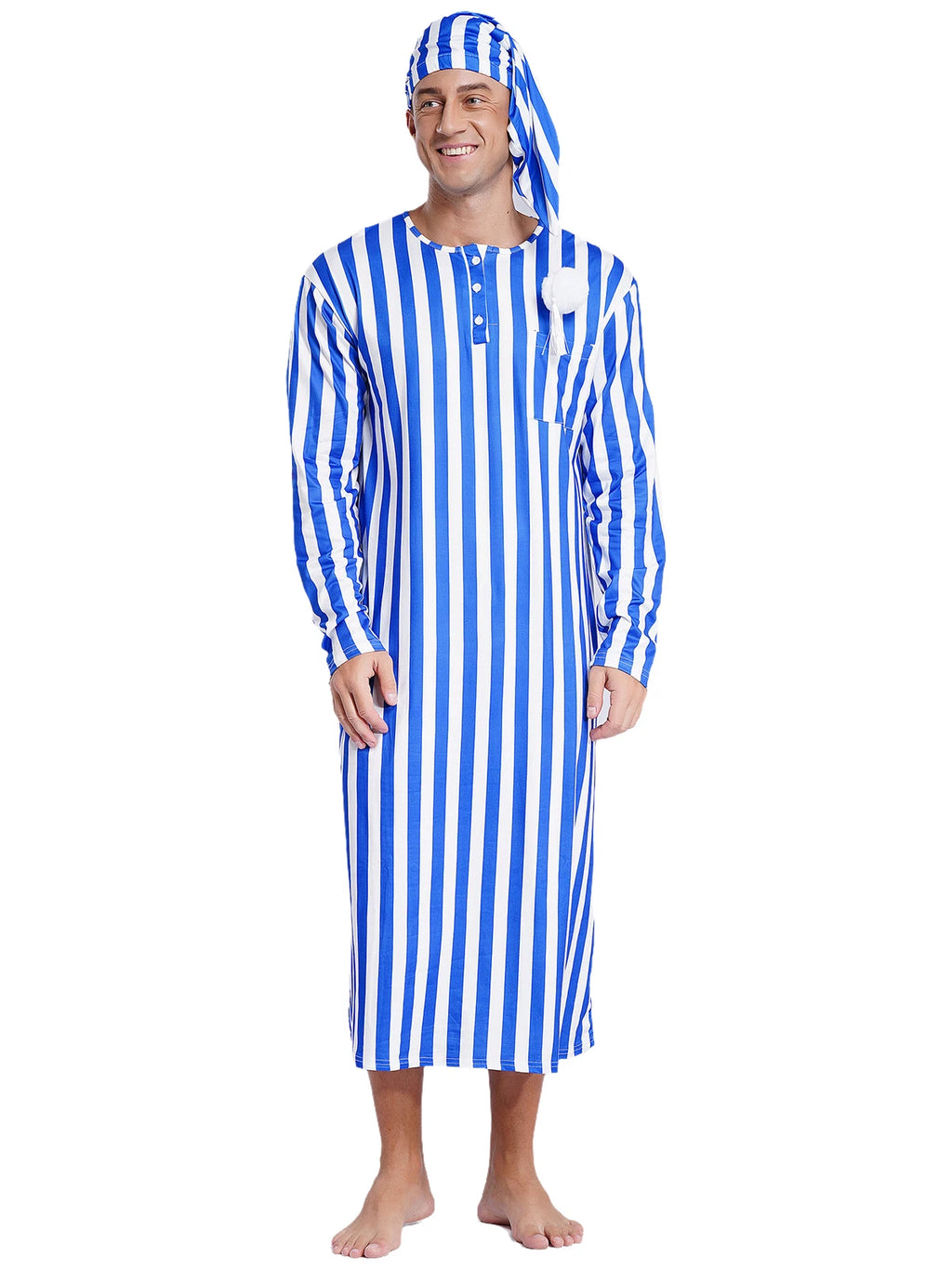 Mens Pyjama Set Nightdress Sleep Shirt Long Robe + Cotton Sleep Cap Night-