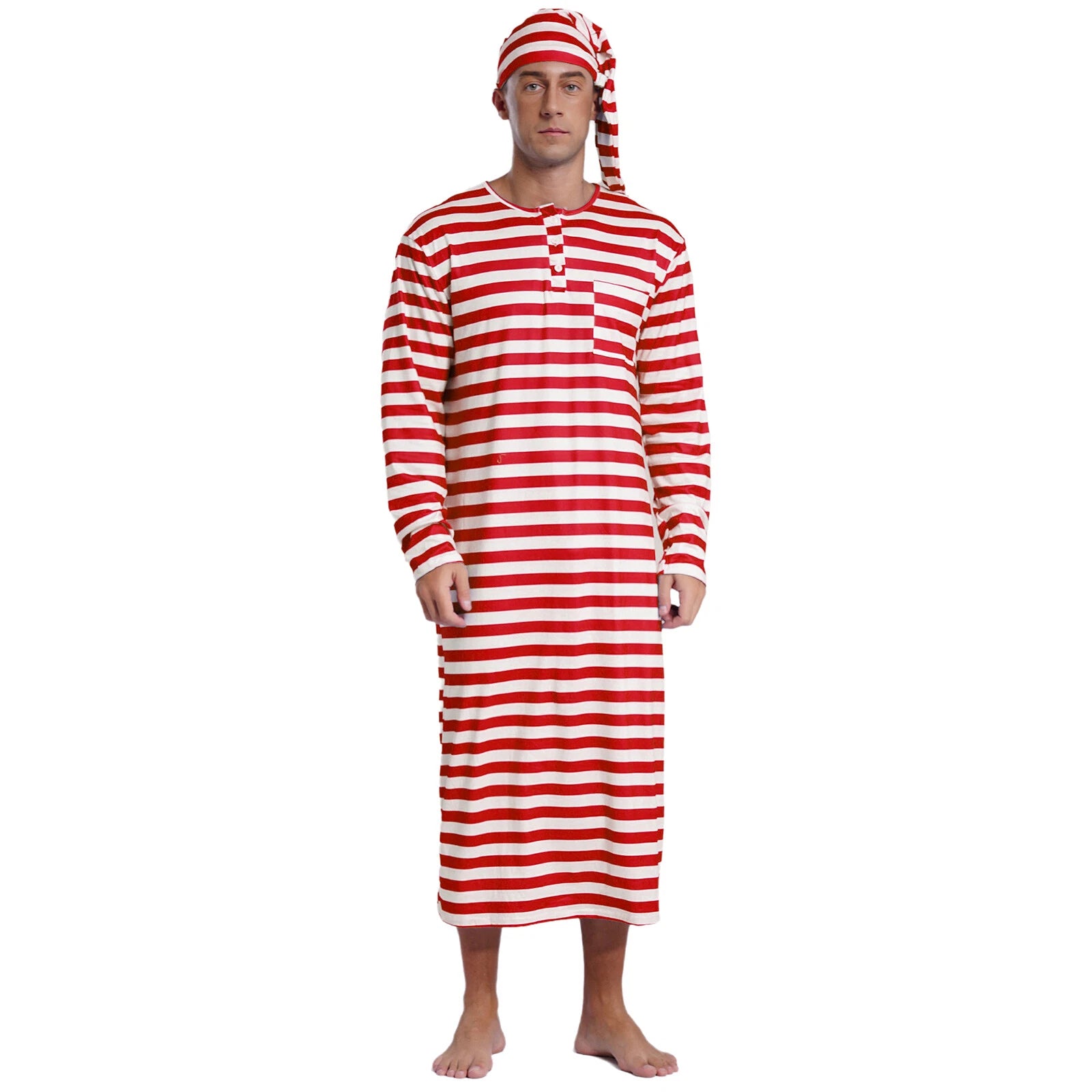 Men's Pajamas Set Long Sleeve Striped Robe Round Neck Loose Sleepwear with Hat