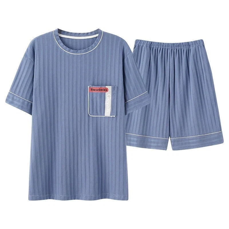 Men Pajamas Set Summer O-neck Vest Shorts Knitted Faux Cotton Pijamas Leisure US