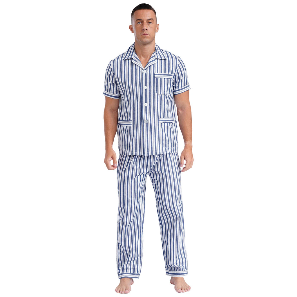Mens Homewear 2pcs Pajama Set Sleep Sleepwear Shirt Nightgown Button Down Suits