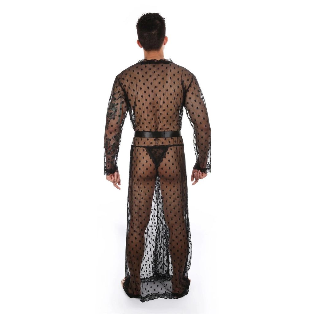 Mens Dress Long Sleeve Bathrobe Kimono Pajamas Lace Clear Thong Set-