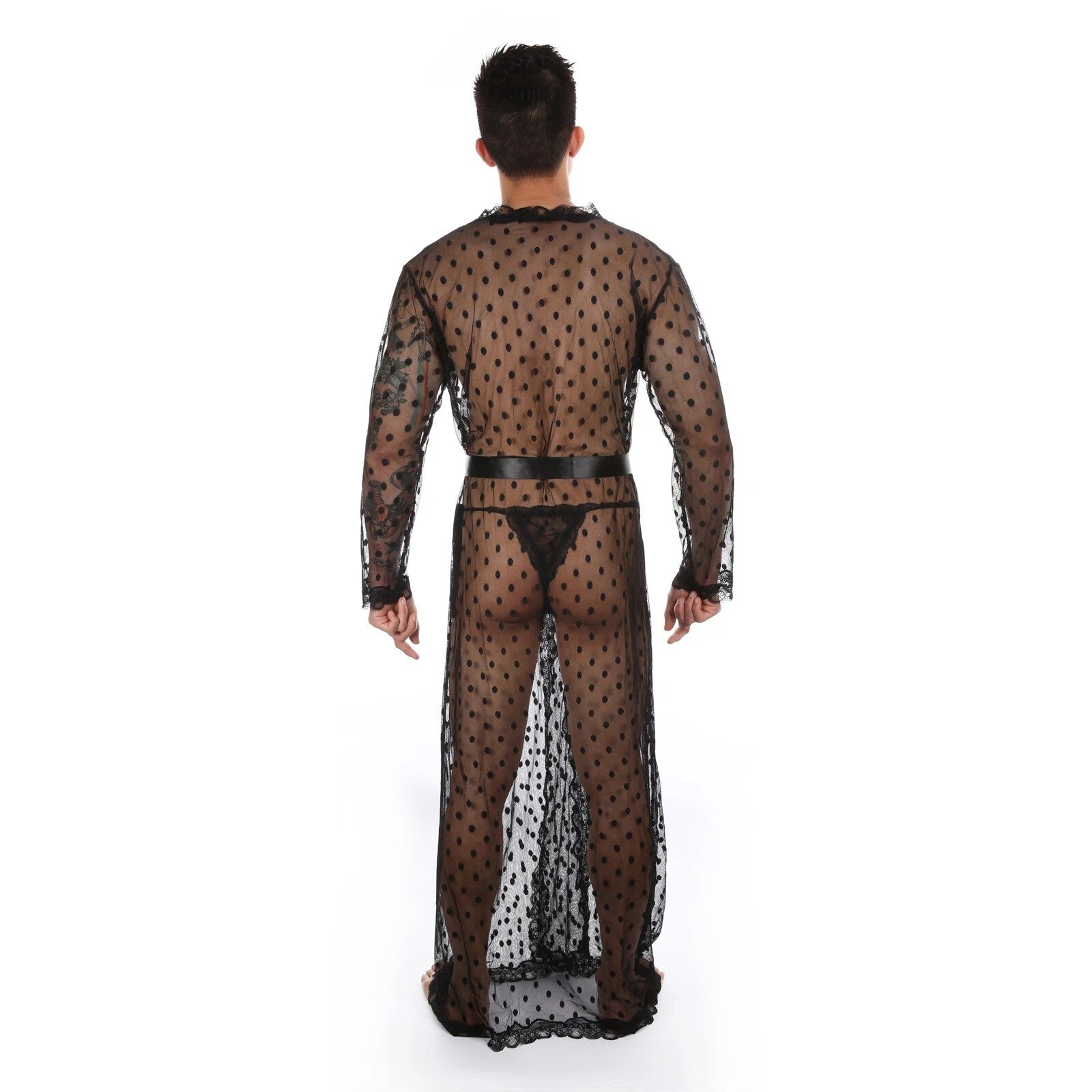 Mens Dress Long Sleeve Bathrobe Kimono Pajamas Lace Clear Thong Set-