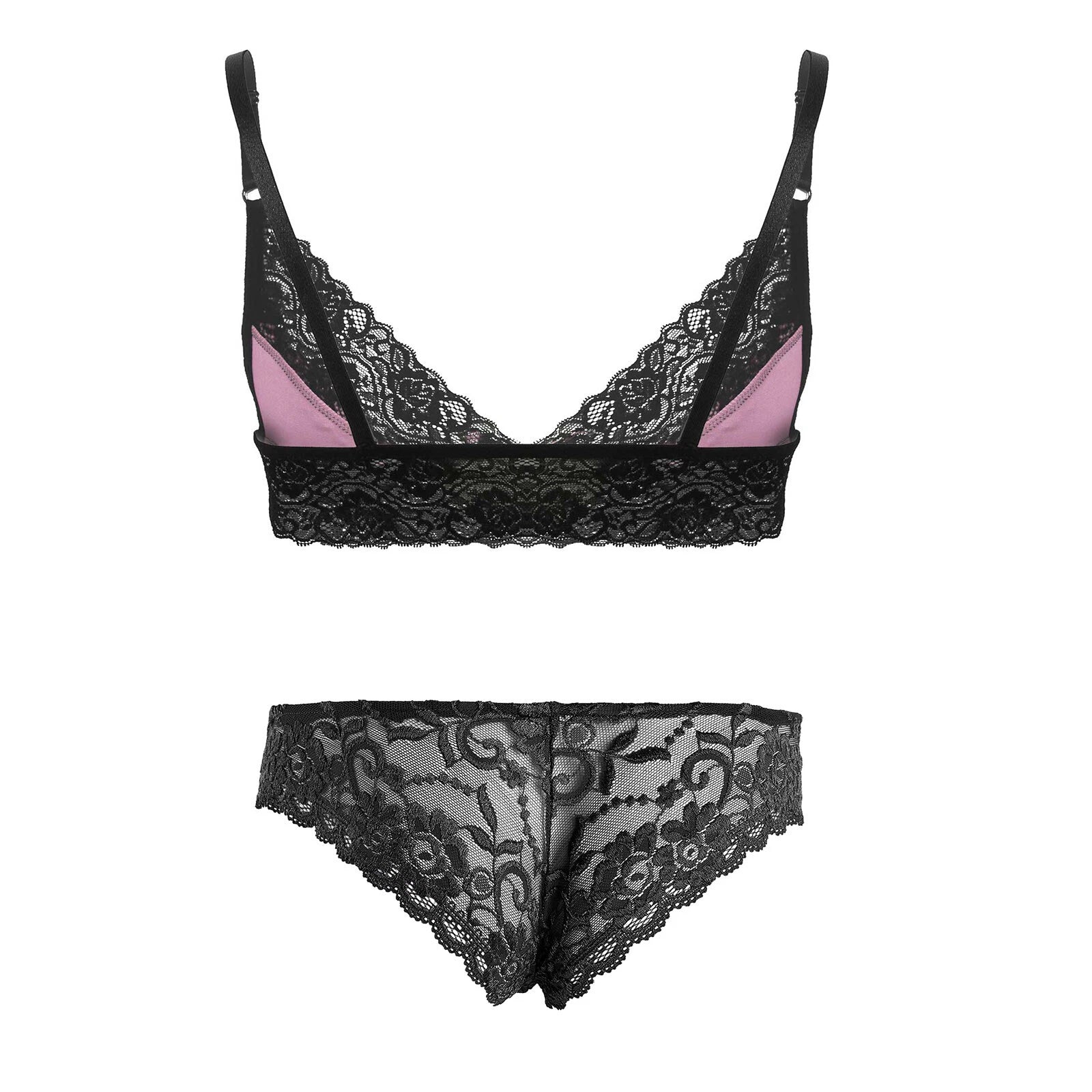 Men Ruffled Lingerie Set Cami Straps Bandeau Bra Thong 2Pcs Crossdresser Pajamas